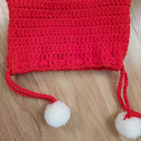 Vintage Handmade Crochet Knit Santa Face Purse Bag Sack Pom Pom Drawstring Red - Picture 7 of 8